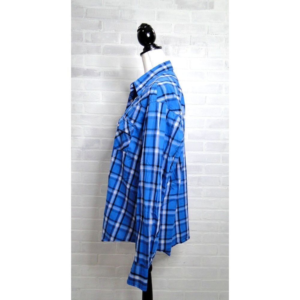 Wrangler Pearl Snap Shirt Mens Size XL Blue Black Plaid Long Sleeve Cowboy - Picture 3 of 6